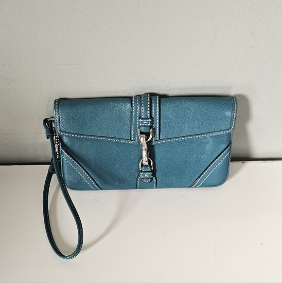 Coach Teal Leather Wristlet Clutch with Buckle Hardware Y2K